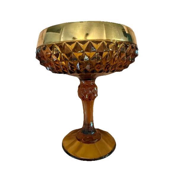Vintage Indiana Glass Diamond Point Amber Compote with Gold Band 6” Talk - Picture 1 of 5